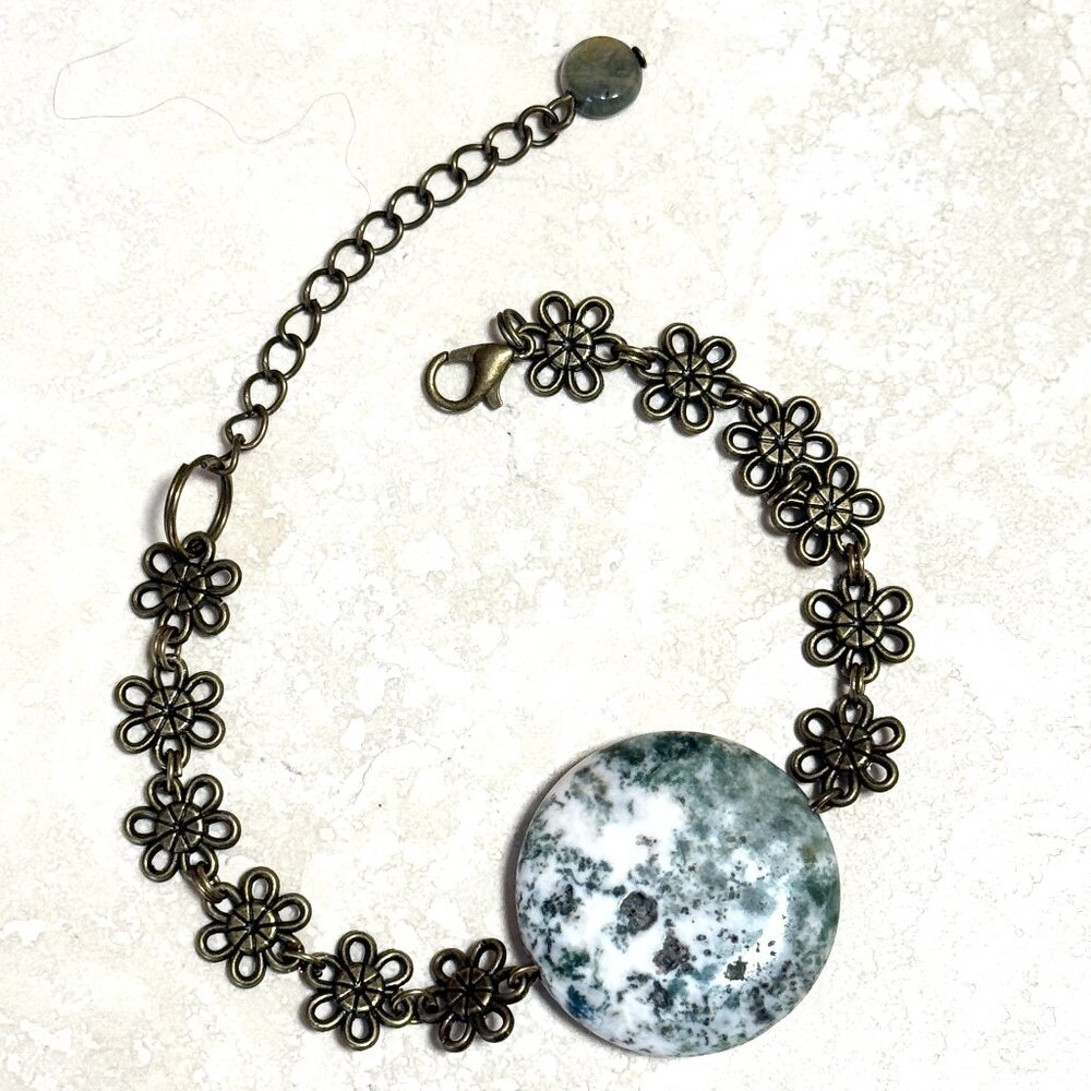 2/$20, Genuine White Green Tree Agate Bracelet, Gemstone + Antique Bronze Flower
